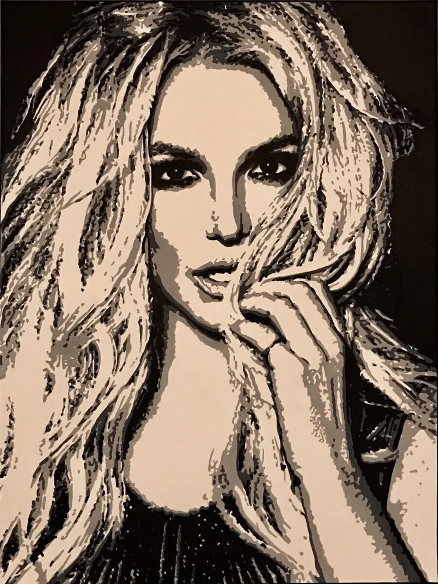 Acrylic portrait of a woman with long hair, one hand raised to her chin