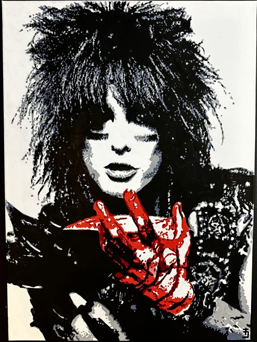 Black and white acrylic portrait of a rock musician with spiked hair and one red hand