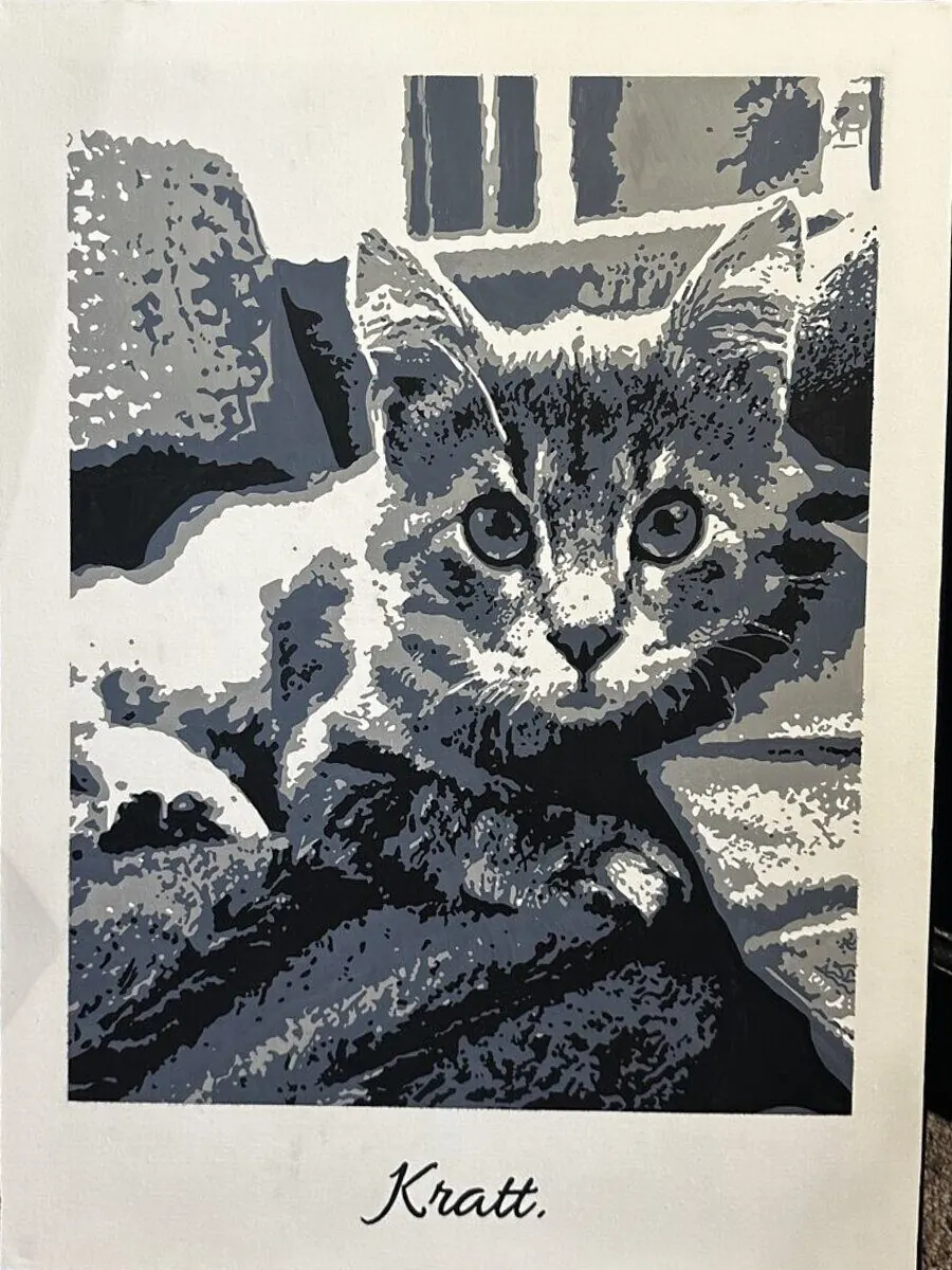 Acrylic painting in greys of a kitten called Kratt, looking straight at the viewer